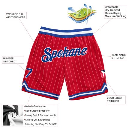 Personalized Red White Pinstripe Royal-White Authentic Basketball Shorts Team Custom Name and Number