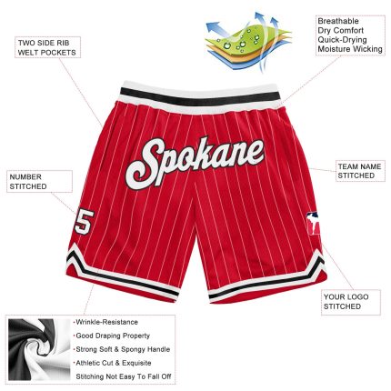 Personalized Red White Pinstripe White-Black Authentic Basketball Shorts Team Custom Name and Number