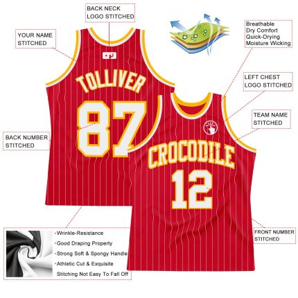Personalized Red White Pinstripe White-Gold Authentic Basketball Jersey