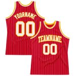 Personalized Red White Pinstripe White-Gold Authentic Basketball Jersey
