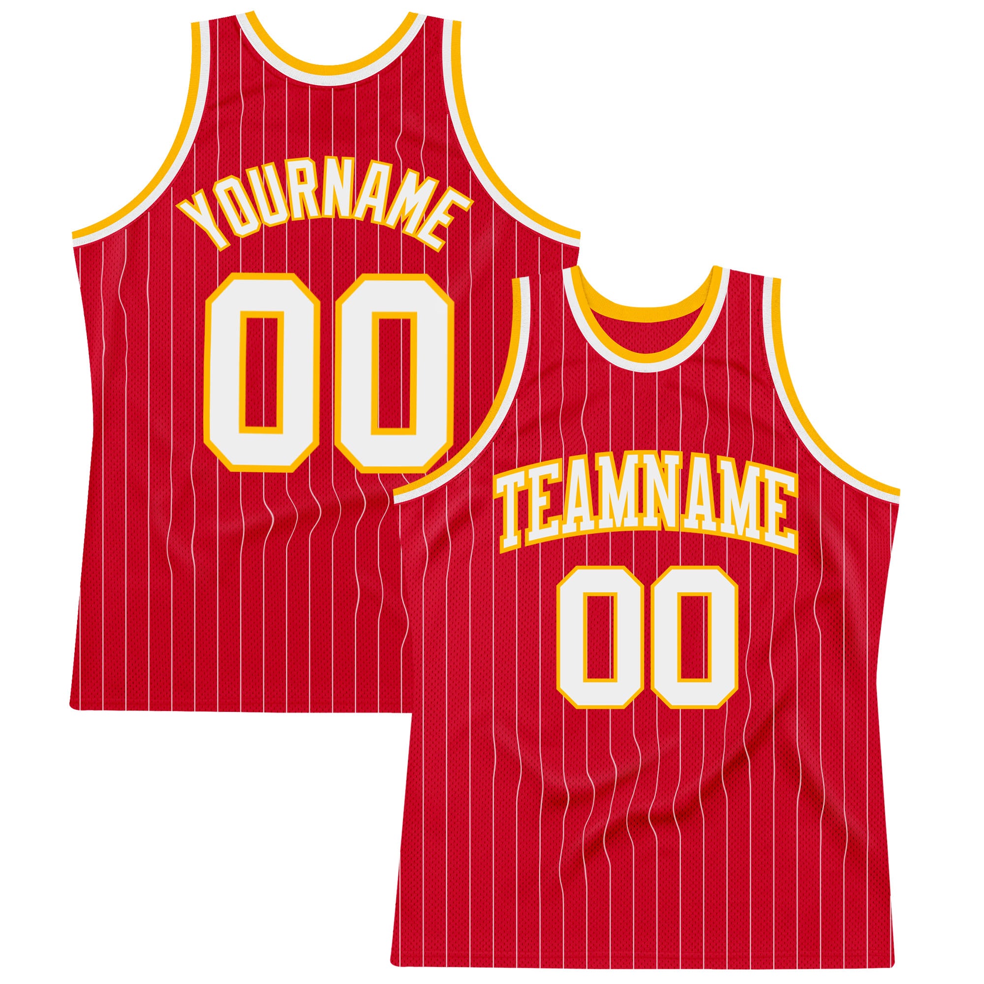 Personalized Red White Pinstripe White-Gold Authentic Basketball Jersey