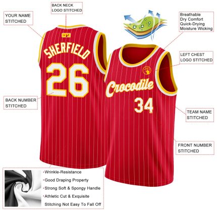 Personalized Red White Pinstripe White-Gold Authentic Basketball Jersey Team Custom Name and Number