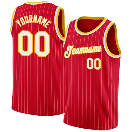 Personalized Red White Pinstripe White-Gold Authentic Basketball Jersey Team Custom Name and Number