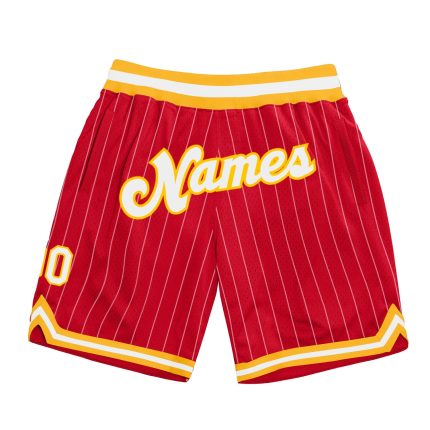 Personalized Red White Pinstripe White-Gold Authentic Basketball Shorts Team Custom Name and Number