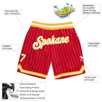 Personalized Red White Pinstripe White-Gold Authentic Basketball Shorts Team Custom Name and Number