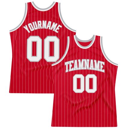 Personalized Red White Pinstripe White-Gray Authentic Basketball Jersey Team Custom Name and Number