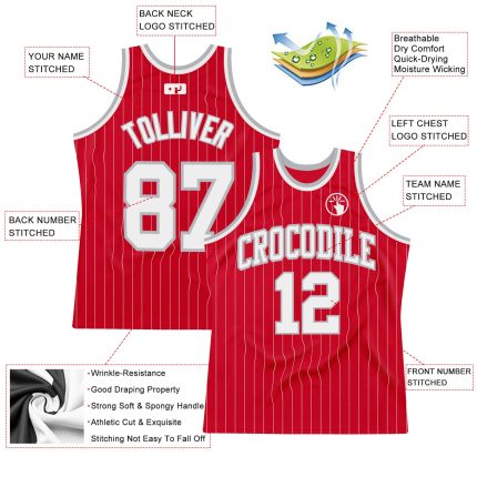Personalized Red White Pinstripe White-Gray Authentic Basketball Jersey Team Custom Name and Number