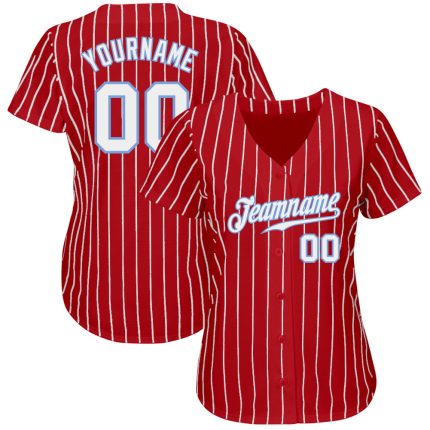 Personalized Red White Pinstripe White-Light Blue Authentic Baseball Jersey Team Custom Name and Number