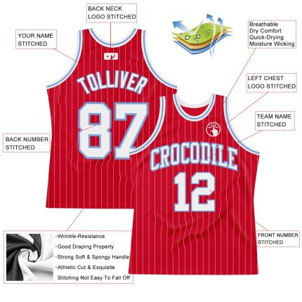 Personalized Red White Pinstripe White-Light Blue Authentic Basketball Jersey