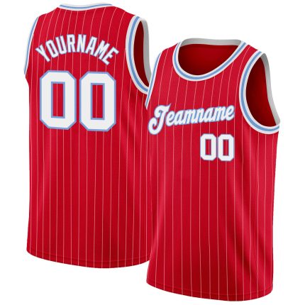 Personalized Red White Pinstripe White-Light Blue Authentic Basketball Jersey Team Custom Name and Number
