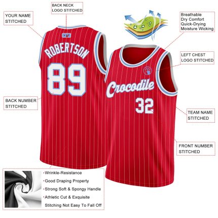 Personalized Red White Pinstripe White-Light Blue Authentic Basketball Jersey Team Custom Name and Number