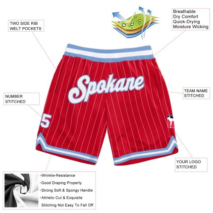 Personalized Red White Pinstripe White-Light Blue Authentic Basketball Shorts Team Custom Name and Number