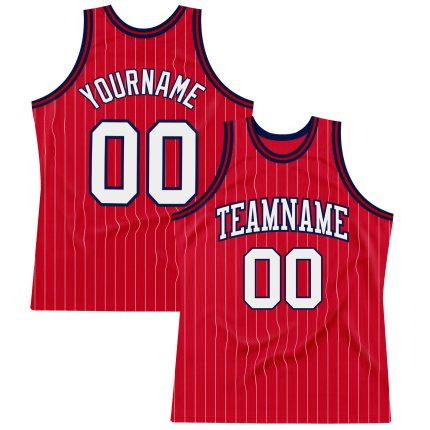 Personalized Red White Pinstripe White-Navy Authentic Basketball Jersey Team Custom Name and Number