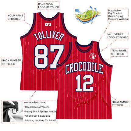 Personalized Red White Pinstripe White-Navy Authentic Basketball Jersey Team Custom Name and Number