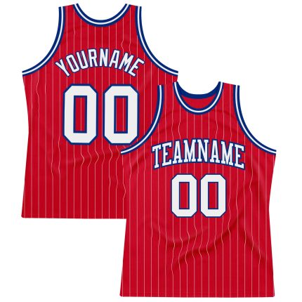Personalized Red White Pinstripe White-Royal Authentic Basketball Jersey Team Custom Name and Number
