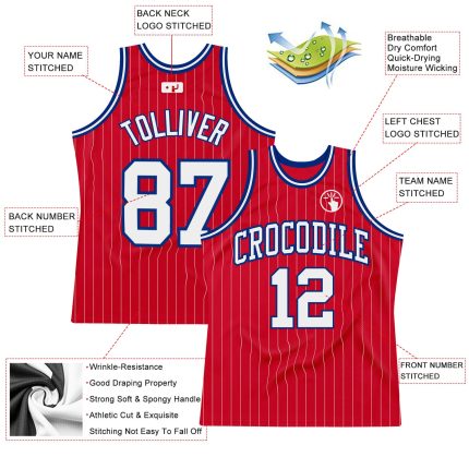Personalized Red White Pinstripe White-Royal Authentic Basketball Jersey Team Custom Name and Number