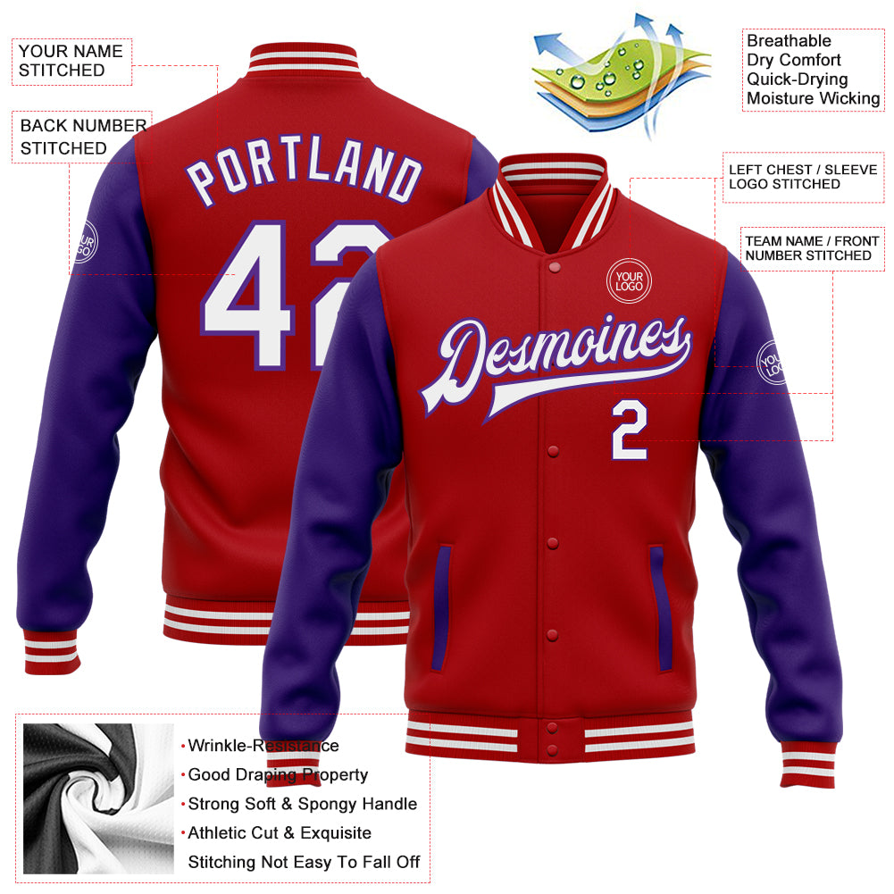 Personalized Red White-Purple Bomber Full-Snap Varsity Letterman Two Tone Jacket Team Custom Name and Number Personalized Red White-Purple Bomber Full-Snap Varsity Letterman Two Tone Jacket Team Custom Name and Number - Image 3