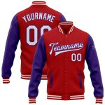 Personalized Red White-Purple Bomber Full-Snap Varsity Letterman Two Tone Jacket Team Custom Name and Number
