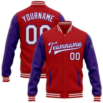 Personalized Red White-Purple Bomber Full-Snap Varsity Letterman Two Tone Jacket Team Custom Name and Number