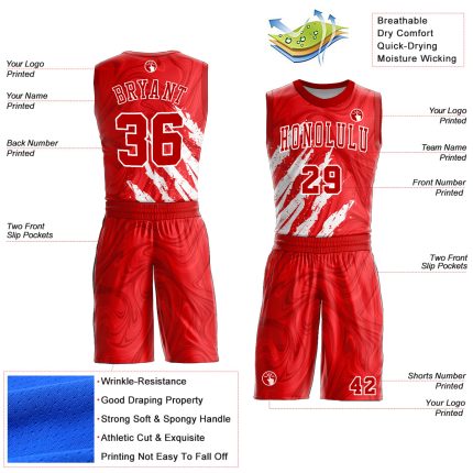 Personalized Red White Round Neck Sublimation Basketball Suit Jersey
