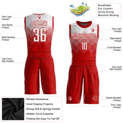 Personalized Red White Round Neck Sublimation Basketball Suit Jersey Team Custom Name and Number