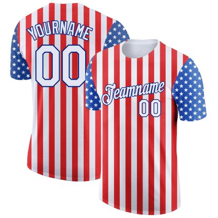 Personalized Red White-Royal 3D American Flag Patriotic Performance T-Shirt Team Custom Name and Number