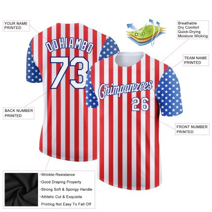 Personalized Red White-Royal 3D American Flag Patriotic Performance T-Shirt Team Custom Name and Number