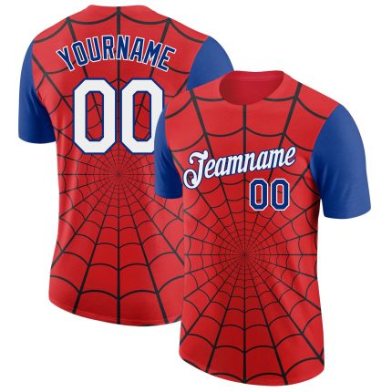Personalized Red White-Royal 3D Pattern Design Spider Performance T-Shirt Team Custom Name and Number