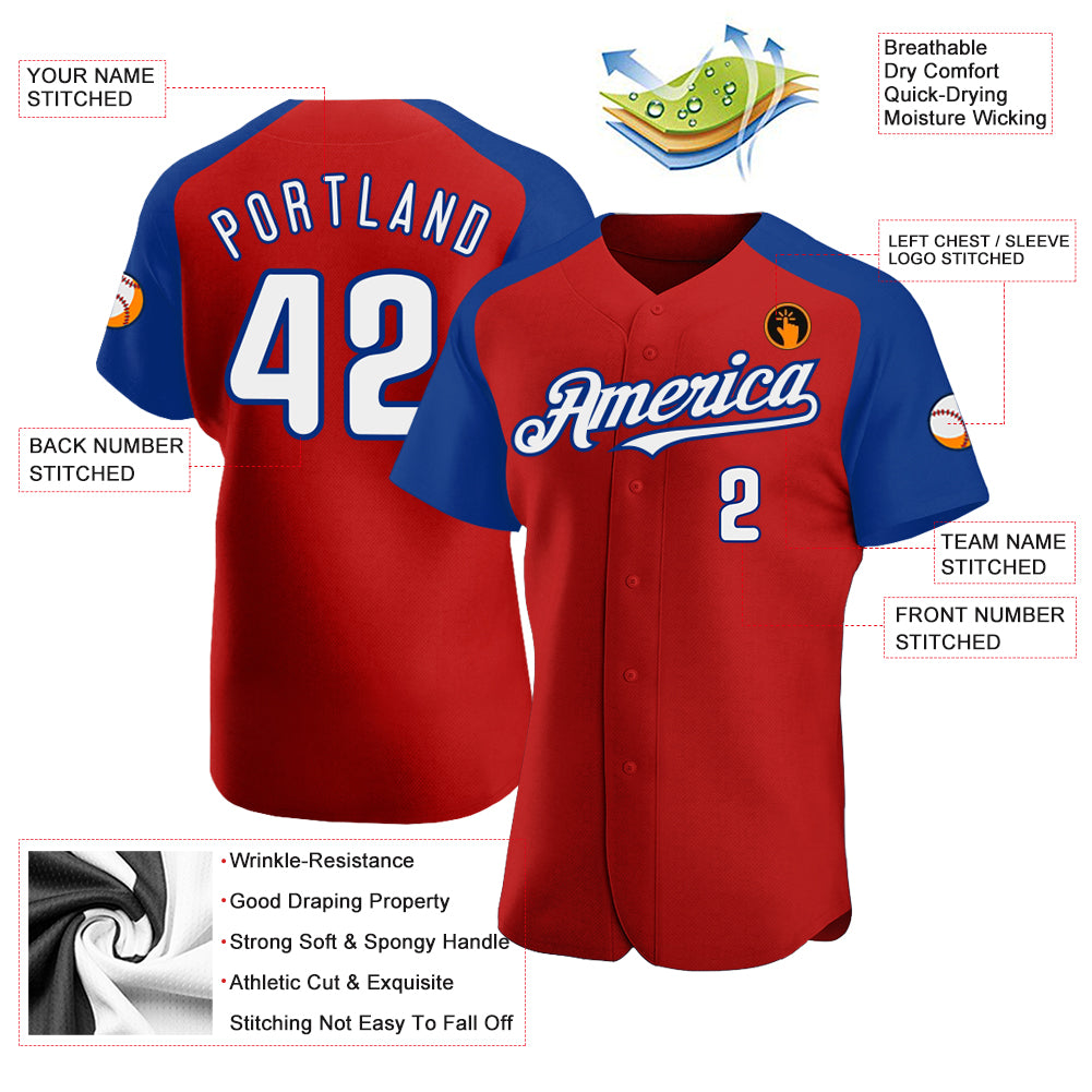 Personalized Red White-Royal Authentic Raglan Sleeves Baseball Jersey Team Custom Name and Number Personalized Red White-Royal Authentic Raglan Sleeves Baseball Jersey Team Custom Name and Number - Image 3