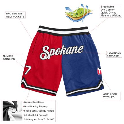 Personalized Red White-Royal Authentic Throwback Split Fashion Basketball Shorts Team Custom Name and Number