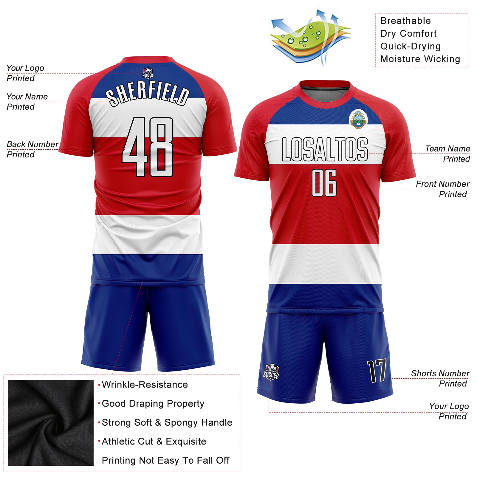 Personalized Red White Royal-Black Sublimation Costa Rican Flag Soccer Uniform Jersey Team Custom Name and Number Personalized Red White Royal-Black Sublimation Costa Rican Flag Soccer Uniform Jersey Team Custom Name and Number - Image 3