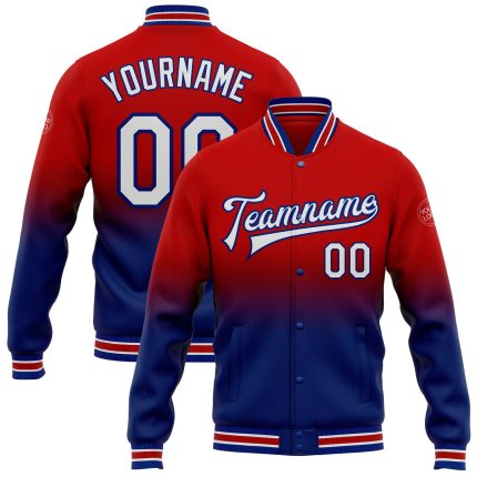 Personalized Red White-Royal Bomber Full-Snap Varsity Letterman Fade Fashion Jacket Team Custom Name and Number