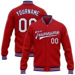 Personalized Red White-Royal Bomber Full-Snap Varsity Letterman Jacket