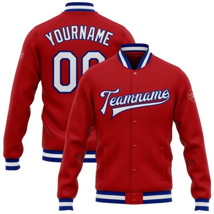 Personalized Red White-Royal Bomber Full-Snap Varsity Letterman Jacket Team Custom Name and Number
