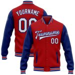 Personalized Red White-Royal Bomber Full-Snap Varsity Letterman Two Tone Jacket Team Custom Name and Number