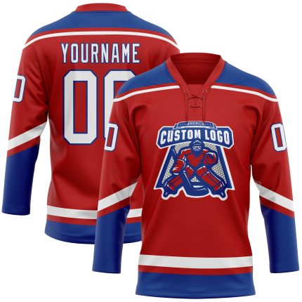 Personalized Red White-Royal Hockey Lace Neck Jersey Team Custom Name and Number