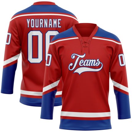 Personalized Red White-Royal Hockey Lace Neck Jersey Team Custom Name and Number