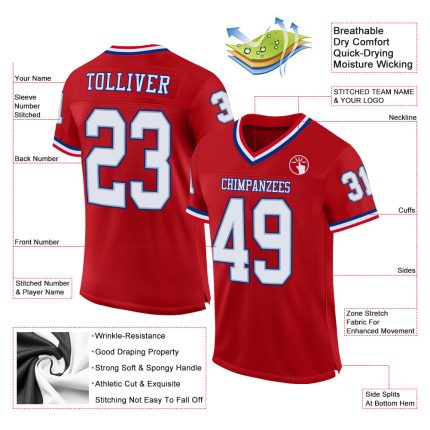 Personalized Red White-Royal Mesh Authentic Throwback Football Jersey