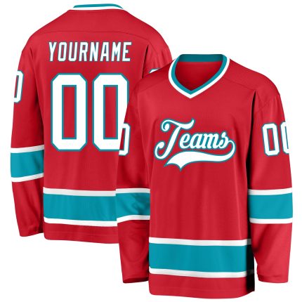 Personalized Red White-Teal Hockey Jersey Team Custom Name and Number