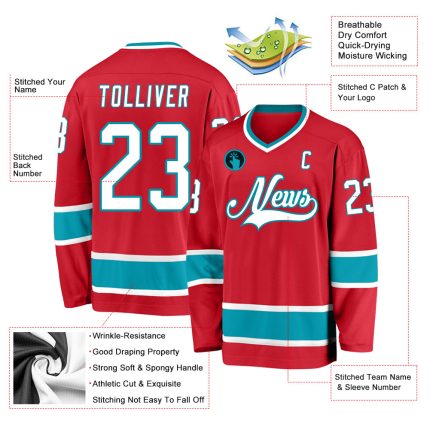 Personalized Red White-Teal Hockey Jersey Team Custom Name and Number