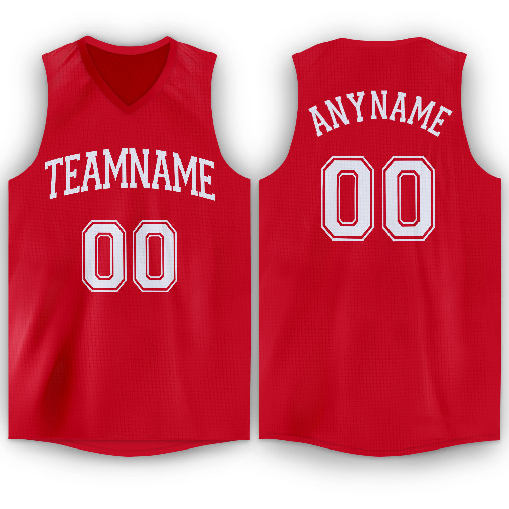 Personalized Red White V-Neck Basketball Jersey Team Custom Name and Number