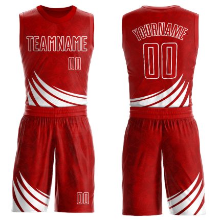 Personalized Red White Wind Shapes Round Neck Sublimation Basketball Suit Jersey Team Custom Name and Number