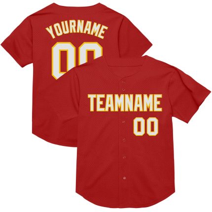 Personalized Red White-Yellow Mesh Authentic Throwback Baseball Jersey