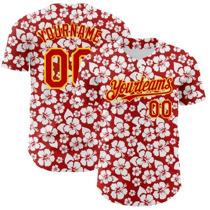 Personalized Red Yellow 3D Pattern Design Tropical Hawaii Flower Authentic Baseball Jersey Team Custom Name and Number