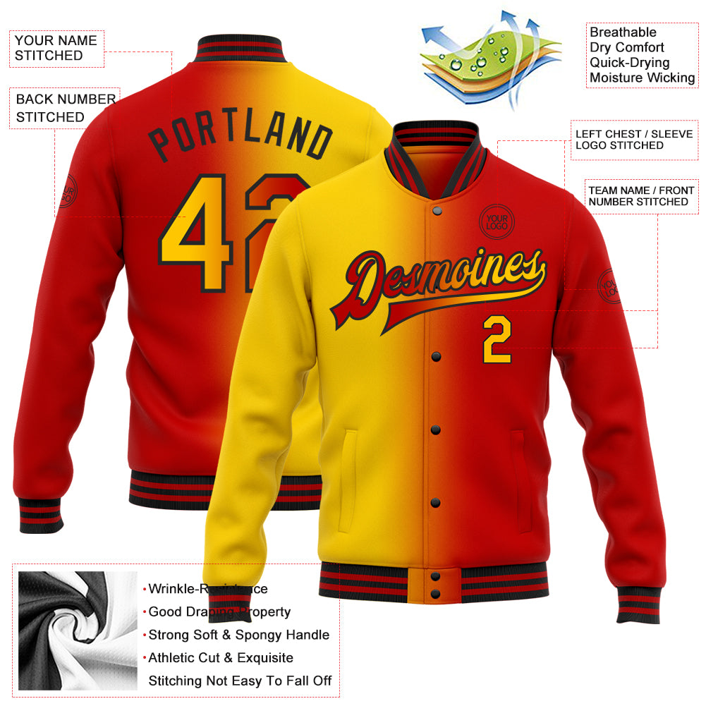 Personalized Red Yellow-Black Bomber Full-Snap Varsity Letterman Gradient Fashion Jacket Team Custom Name and Number Personalized Red Yellow-Black Bomber Full-Snap Varsity Letterman Gradient Fashion Jacket Team Custom Name and Number - Image 3