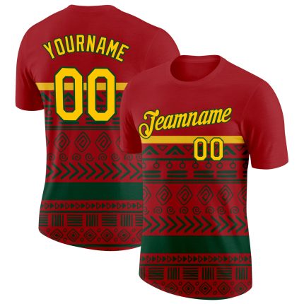 Personalized Red Yellow-Green 3D Pattern Design Black History Month Performance T-Shirt Team Custom Name and Number