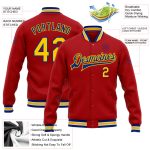 Personalized Red Yellow-Royal Bomber Full-Snap Varsity Letterman Jacket Team Custom Name and Number