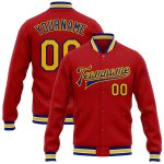 Personalized Red Yellow-Royal Bomber Full-Snap Varsity Letterman Jacket Team Custom Name and Number