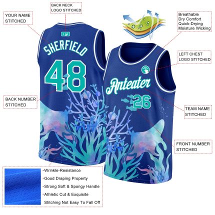 Personalized Royal Aqua-White 3D Pattern Design Ocean World Authentic Basketball Jersey Team Custom Name and Number