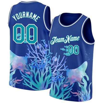 Personalized Royal Aqua-White 3D Pattern Design Ocean World Authentic Basketball Jersey Team Custom Name and Number